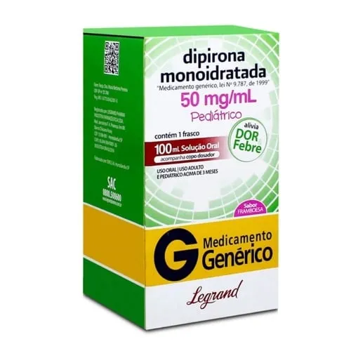 Imagem de Dipirona Monoidratada Legrand 50mg/mL, caixa com 1 frasco com 100mL de solução de uso oral + copo medidor