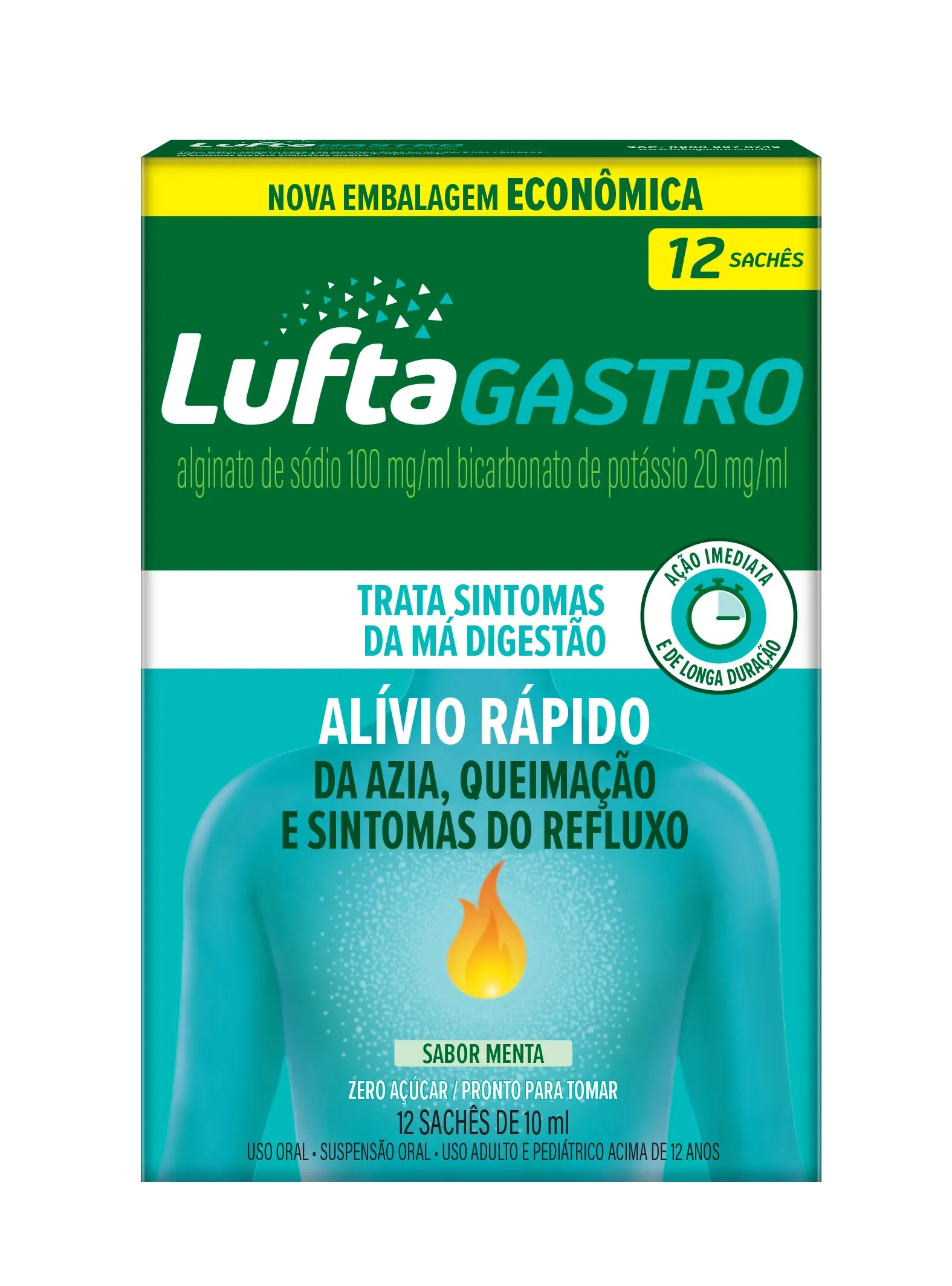 Imagem de LuftaGastro Sachê Líquido Alginato de Sódio 100mg/ml + Bicarbonato de Potássio 20mg/ml Sabor Menta Suspensão Oral 12 Sachês com 10ml cada