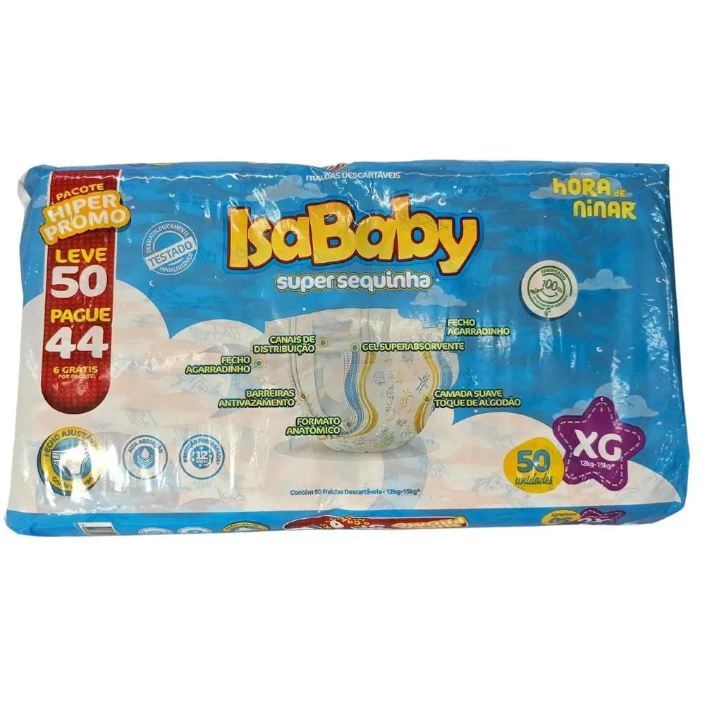 Imagem de Fraldas Descartáveis Isababy Super Sequinha Hora de Ninar Tamanho XG com 50 Unidades