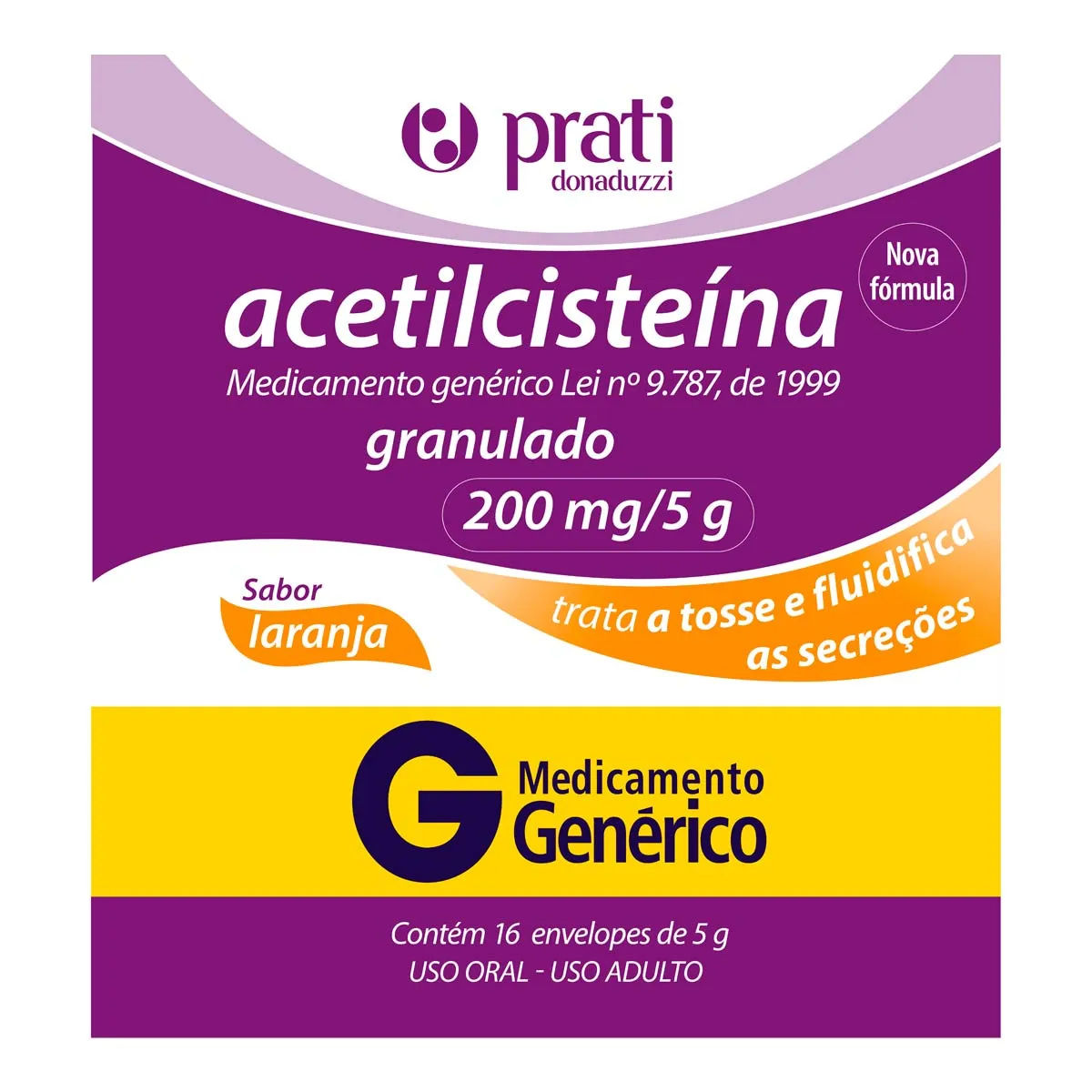 Imagem de Expectorante Acetilcisteína 200mg/5g Genérico Prati-Donaduzzi 16 Envelopes de 5g Cada
