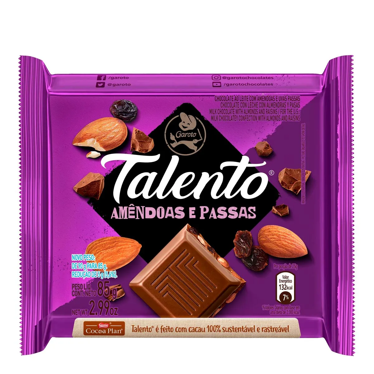 Imagem de Chocolate Garoto Talento Ao Leite Com Amêndoas E Passas 85g