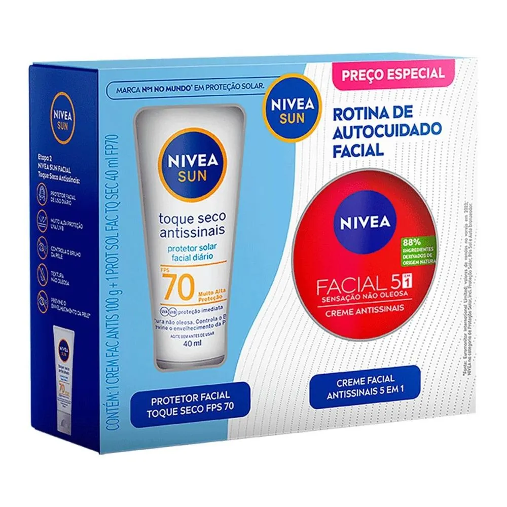Imagem de Kit Nivea Sun Protetor Solar Facial Antissinais FPS 70 40ml + Creme Facial Antissinais 5 em 1 100g