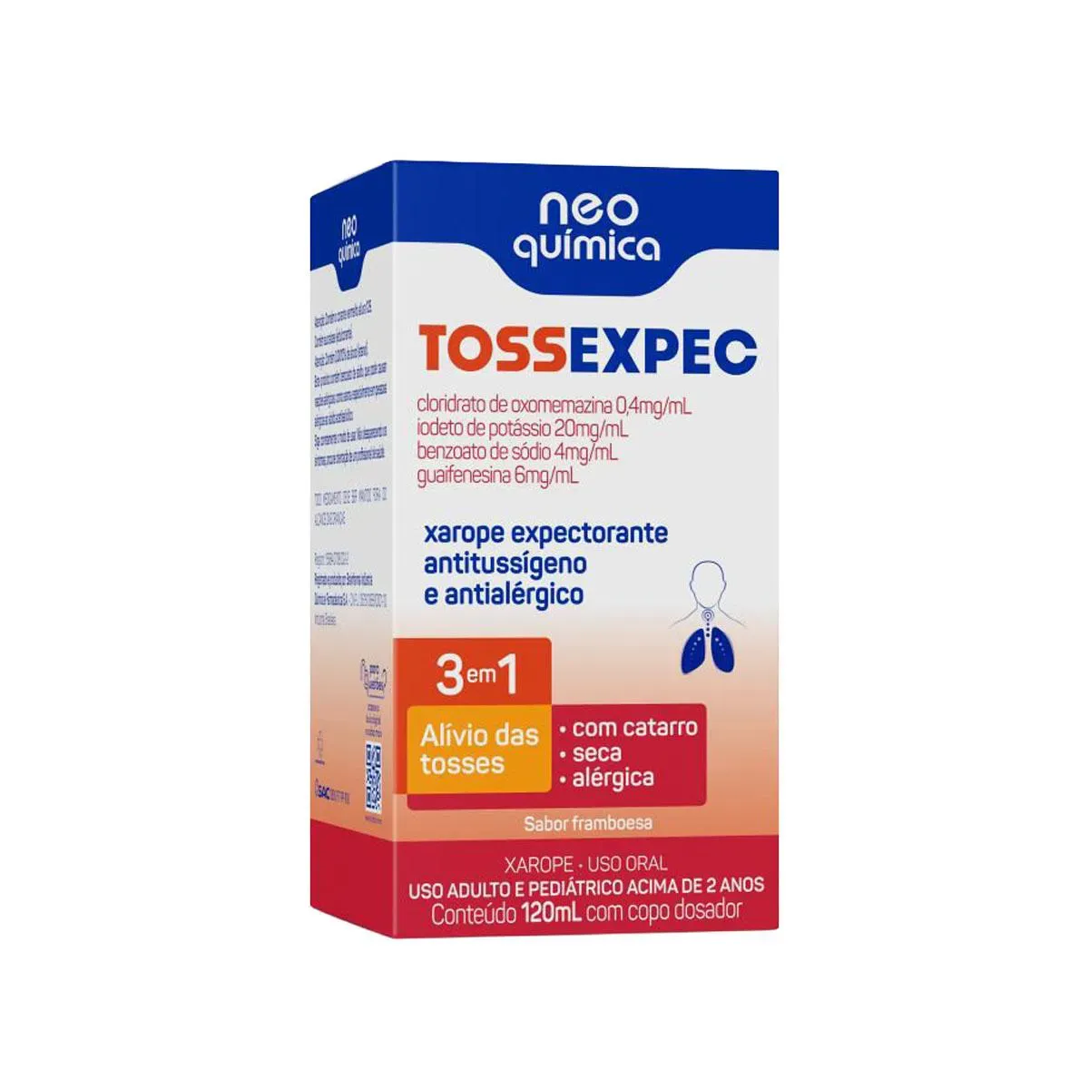 Imagem de Tossexpec 3 em 1 Oxomemazina 0,4mg/ml +  Iodeto de Potássio 20mg/ml + Benzoato de Sódio 4mg/ml + Guaifenesina 6mg/ml Xarope120ml