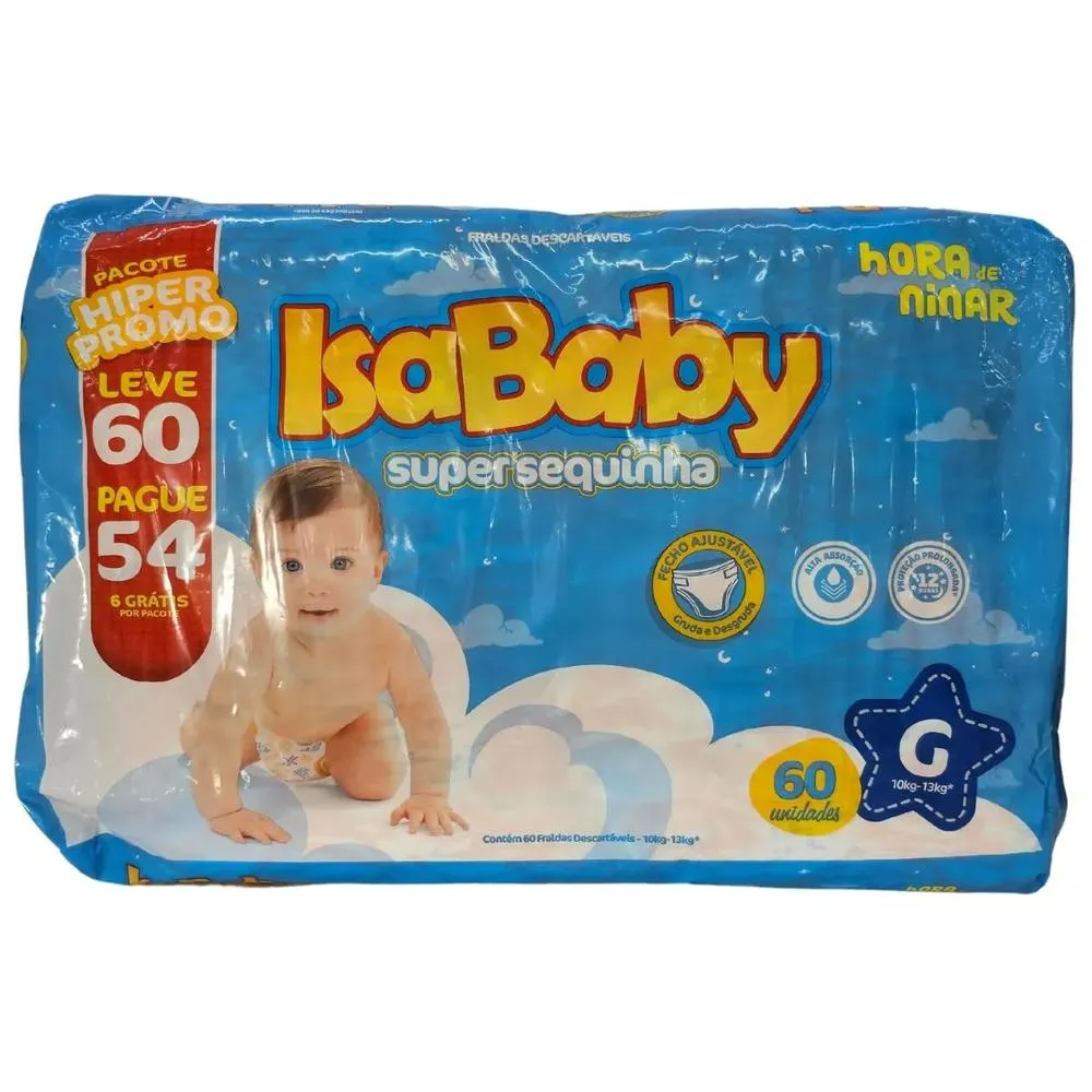 Imagem de Fraldas Descartáveis Isababy Super Sequinha Hora de Ninar Tamanho G com 60 Unidades