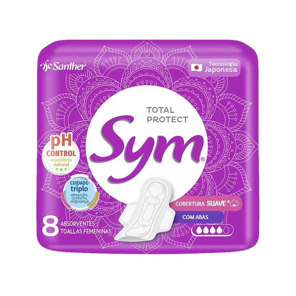 Imagem de Absorvente Sym Cobertura Suave com Abas Embalagem com 8 Unidades