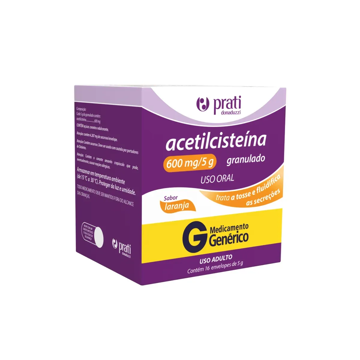 Imagem de Acetilcisteína 600mg/5g Granulado Sabor Laranja 16 envelopes Prati Donaduzzi Genérico