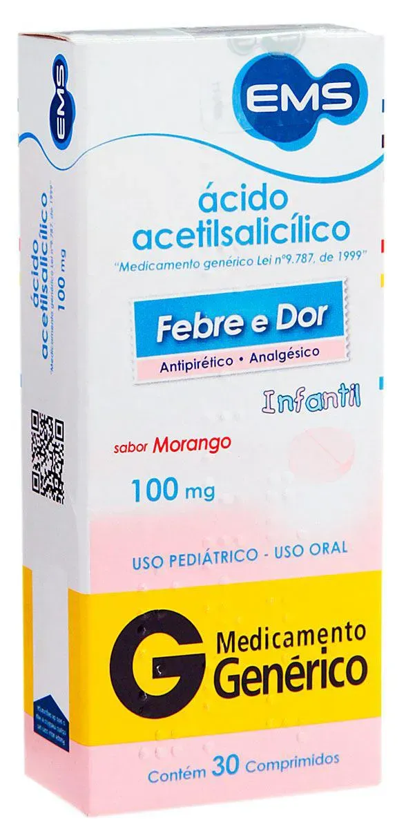 Imagem de Ácido Acetilsalicílico 100mg Infantil Sabor Morango 30 comprimidos EMS Genérico
