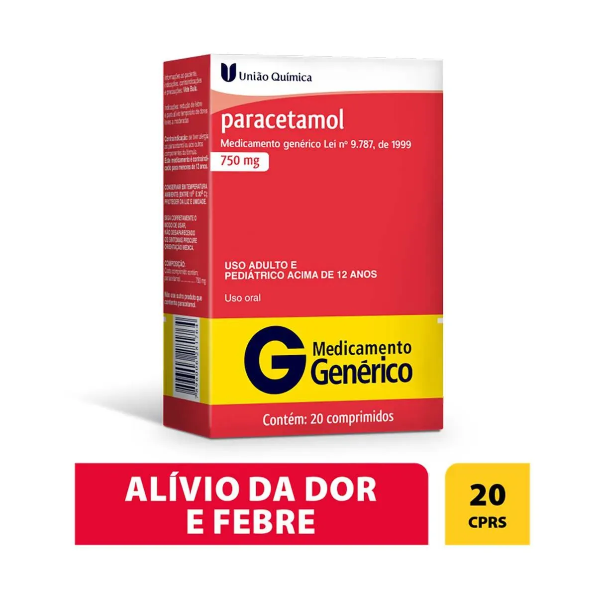 Imagem de Paracetamol 750mg 20 comprimidos União Química Genérico