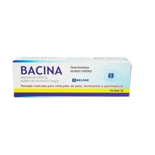 Imagem de Bacina 5mg/g + 250UI/g, caixa com 1 bisnaga com 10g de pomada de uso dermatológico