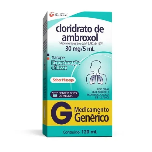 Imagem de Cloridrato de Ambroxol Globo Pharma Adulto 6mg/mL, caixa com 1 frasco com 120mL de xarope + copo medidor