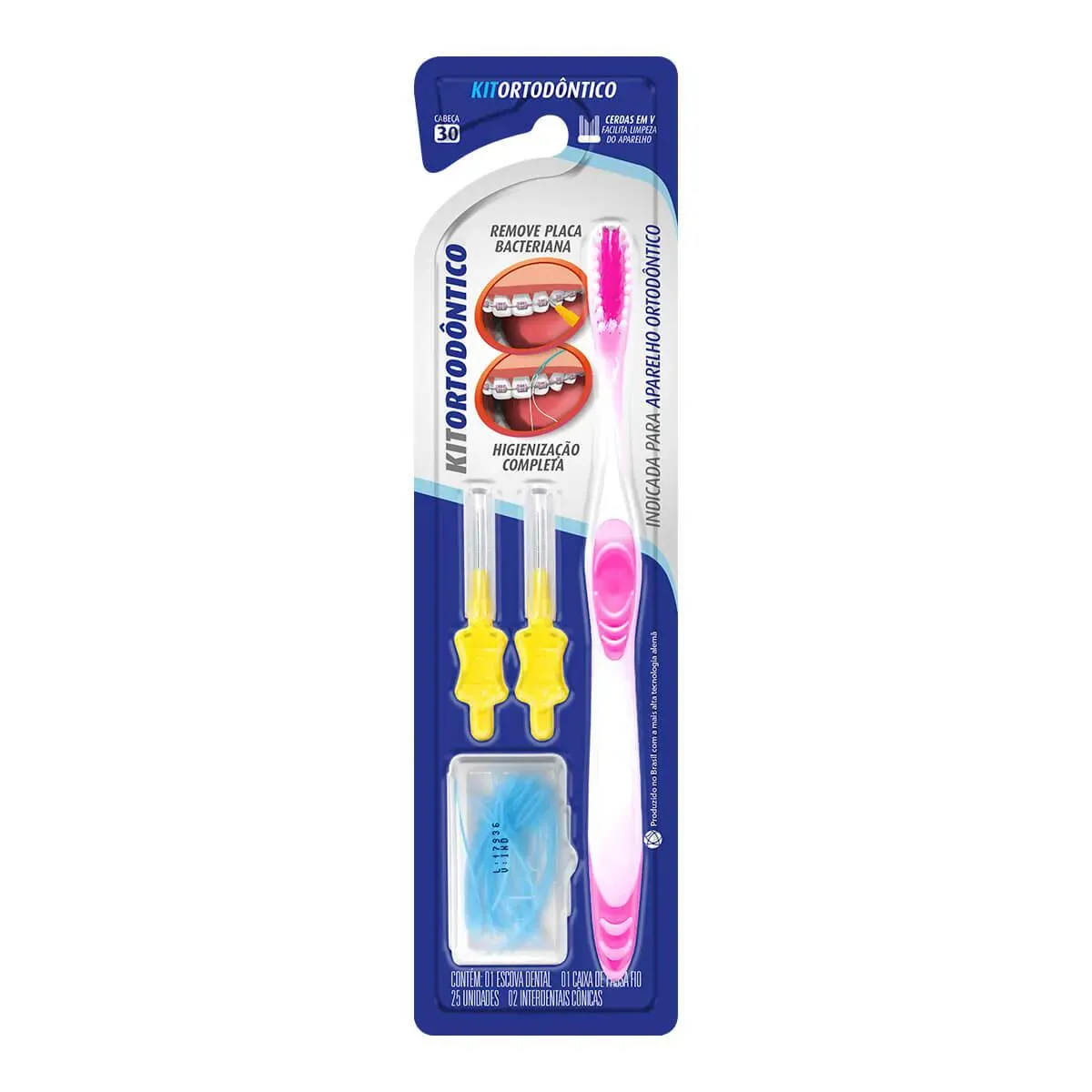 Imagem de Kit Ortodôntico Dentalclean Escova de Dente + 2 Escovas Interdentais Cônicas + Passa Fio 25 unidades