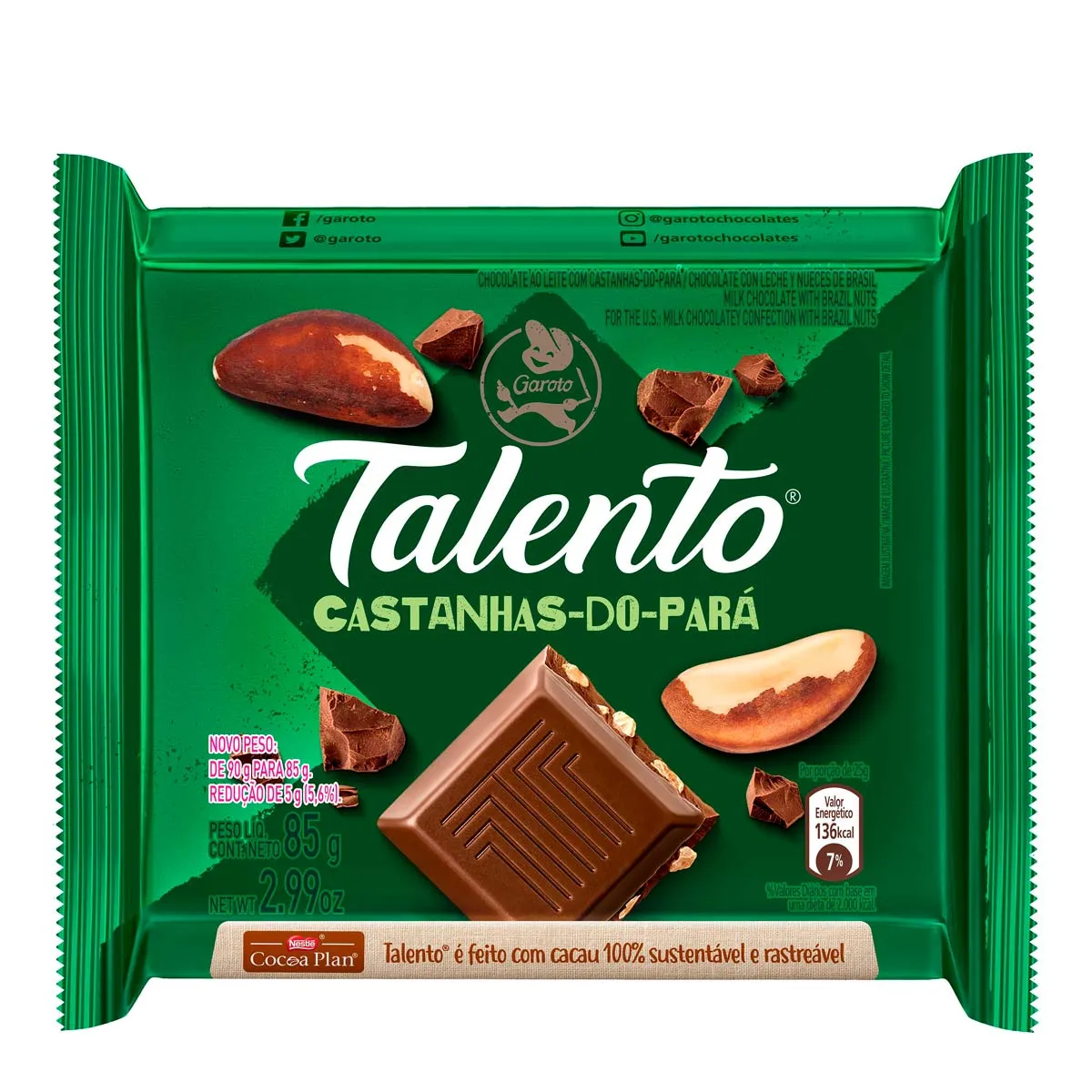 Imagem de Chocolate Garoto Talento Ao Leite Com Castanha-do-pará 85g
